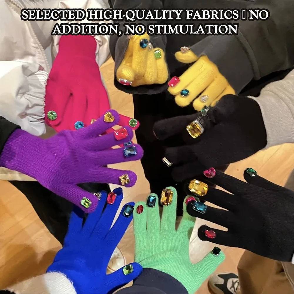 Female Gloves Full Finger Mittens Rhinestone Inlaid For Winter Fashion Warm Gloves Outdoor Cold Protection Knitted Glove