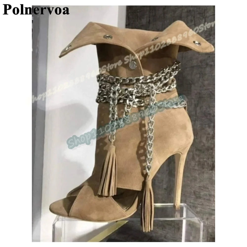 

Khaki Suede Metal Chain Tassels Ankle Boots Stilettos High Heel Shoes For Women Button Peep Toe Fashionable Zapatos Para Mujer