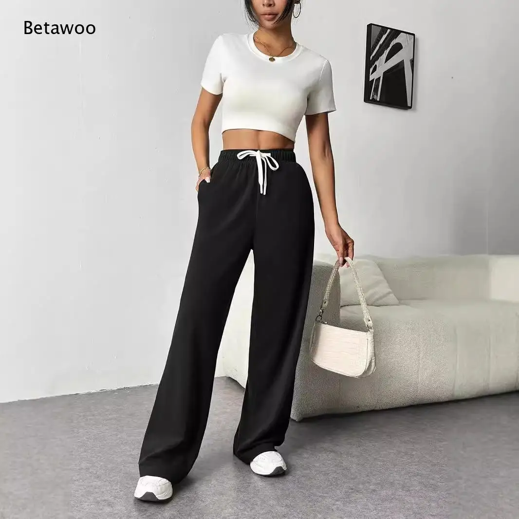 Women Solid Wide Leg Pants Elastic High Waist Drawstring Loose Casual Sweatpants Comfortable Relaxed Fit Trousers