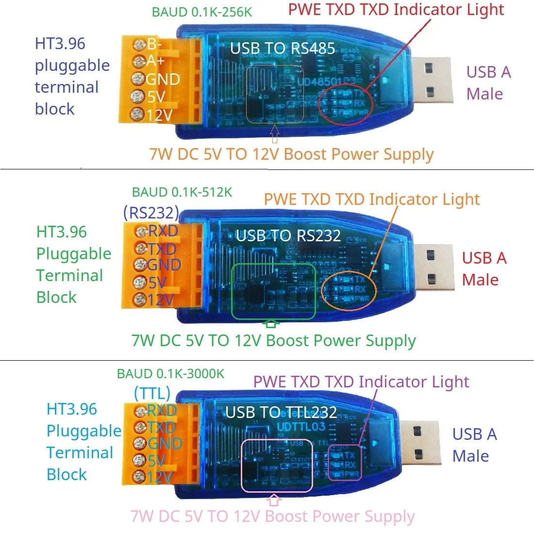 12V 5V VCC Output USB to TTL Converter UART PC COM Serial Port Module for PLC IO HMI MCU PTZ Smart Home Debugging RS485 RS232