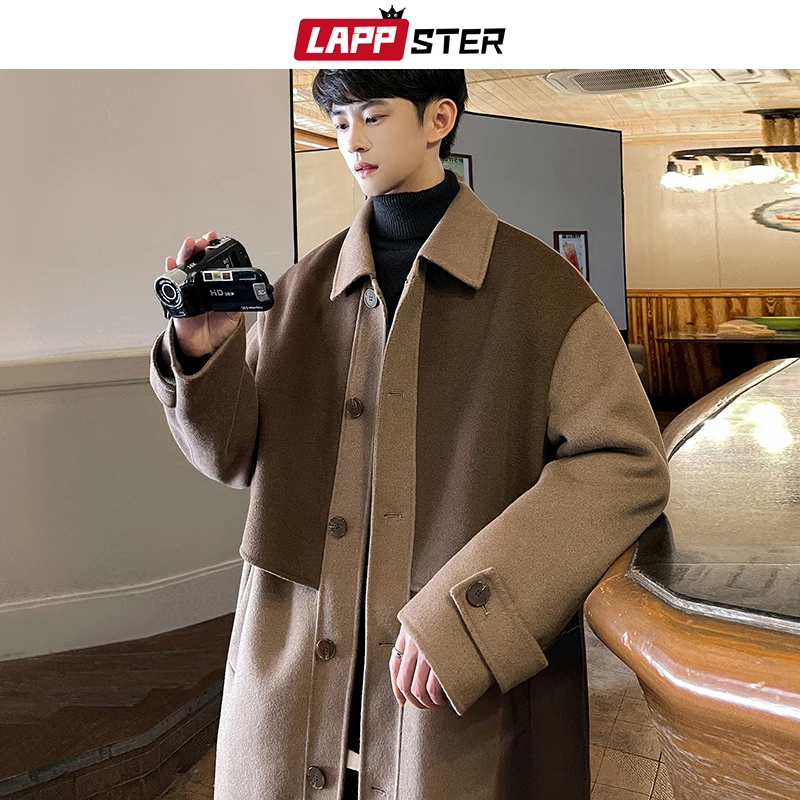 

LAPPSTER Winter Korean Fashion Patchwork Woolen Trench Coat Harajuku Long Coat Streetwear Overcoat Windbreaker Jackets Coats