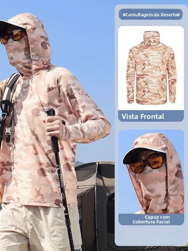 Roupa de Pesca Masculina de Verão com Proteção Solar, Secagem Rápida, Seda Gelada, Leve, Respirável, com Capuz e Máscara Facial
