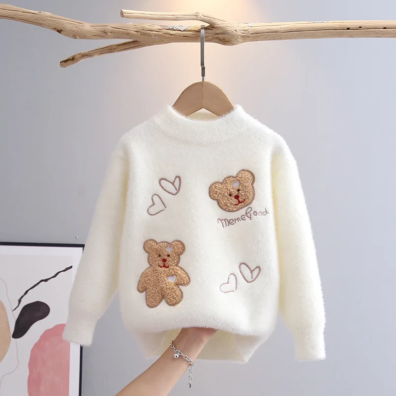 2023 Korean Style Cartoon Bear Print Knitted Sweater Kids Girl Kawaii Harajuku Long Sleeve Winter Love Jumper for Girls GY09231