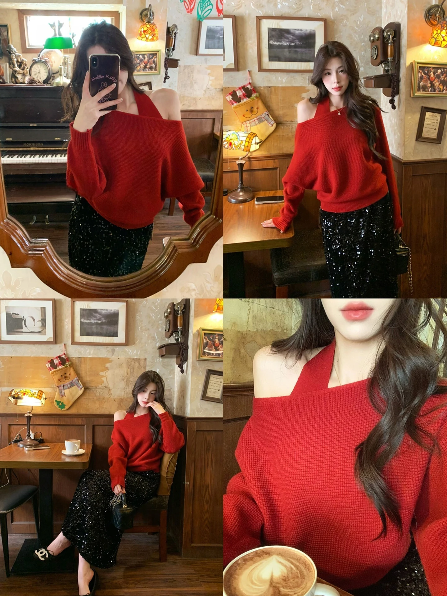 

Жилетка-топ Chuqing, вязаная, на одно плечо, красная, новогодняя, женская, комплект, свободный крой, длинный рукав, ретро, мягкий полиэстер