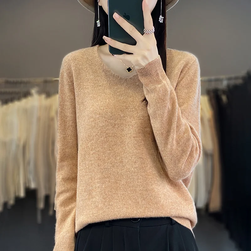 Women\'s 100% Wool First-line ready to wear Clothing Spring Autumn V-Neck Knitted Pullover Slim Fit Fashion Versatile Basic Tops