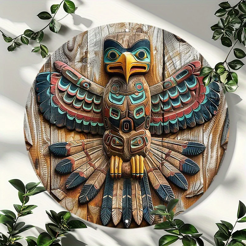 Native American Totem Pole Runde Aluminium-Wandkunst, wasserfestes High-Definition-Metallschild mit vorgebohrten Löchern für einfache Installation
