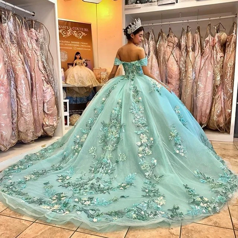 Mint Green Sweetheart Quinceanera Dresses For 15 Party Princess 3DFlower Appliques Tulle Lace Birthday Party Dress Gradient Ball