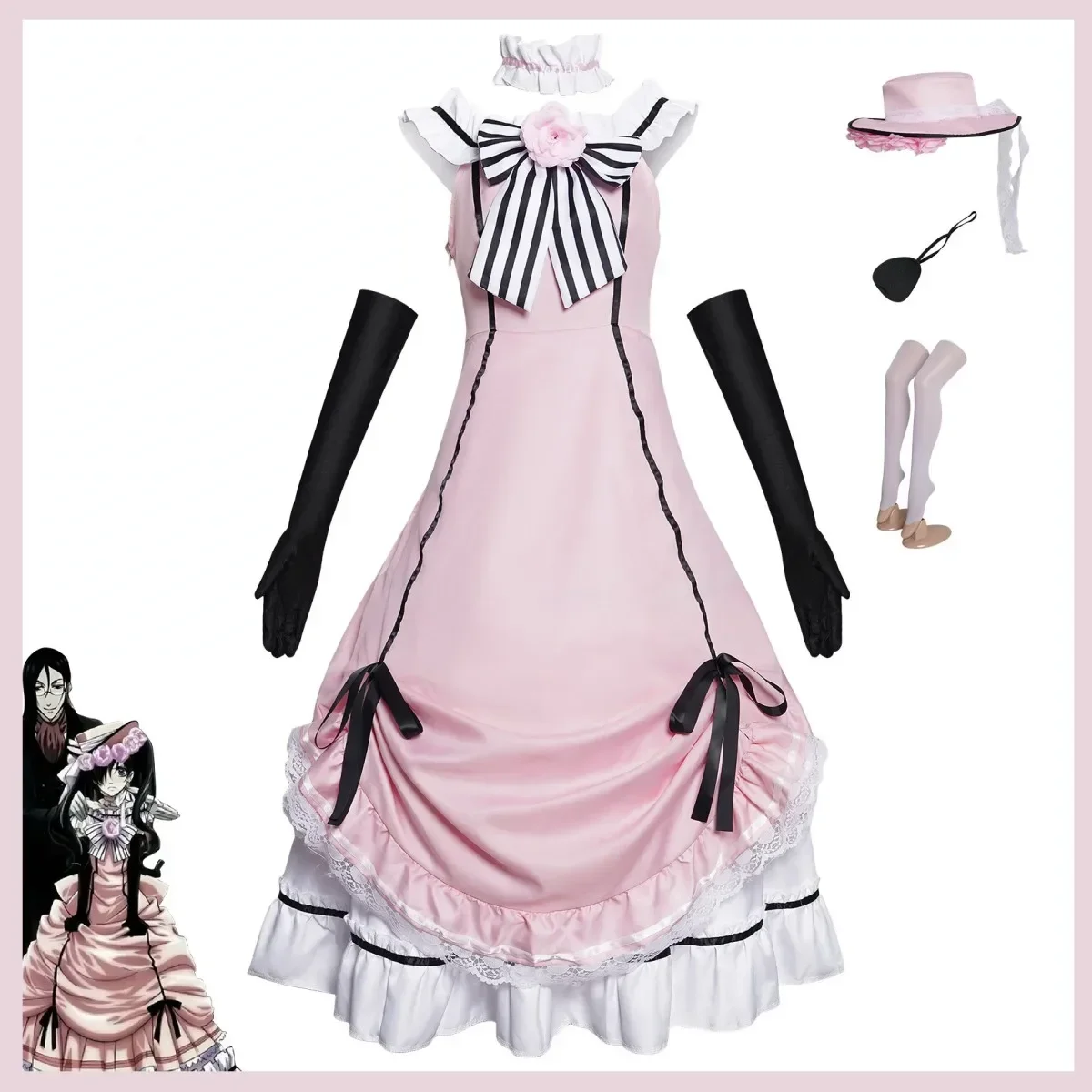 أنيمي أسود بتلر سيل فانتومهايف ابتسامة زي تنكري للنساء ، فستان سهرة روبن ، فستان لوليتا ، شعر مستعار ، حفلة جميلة ، بدلة هالوين