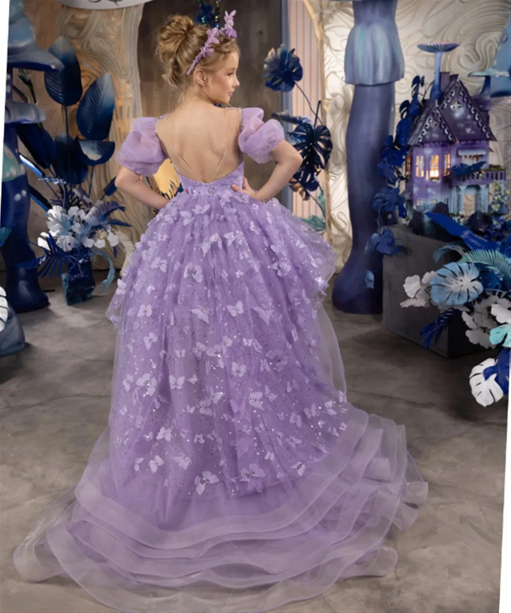 

Luxury Flower Girl Wedding Dress Appliques Butterfly Puffy Sleeves Princess Birthday Party Gown First Communion Dress for Girls