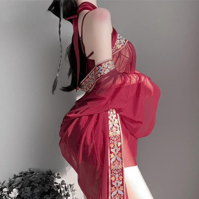 Retro Hanfu Sexy Pajamas Strapless Gauze Lingerie dress Nightdress Sleepwear Women Cute Chinese Costumes Temptation Erotic Dress