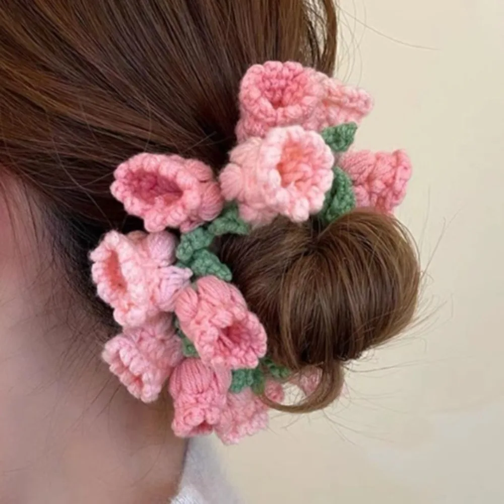 

Handmade Crocheted Flower Knitted Scrunchies Headwear for Women Spring Summer Flores Convallariae Ponytail Hair Band Accessories