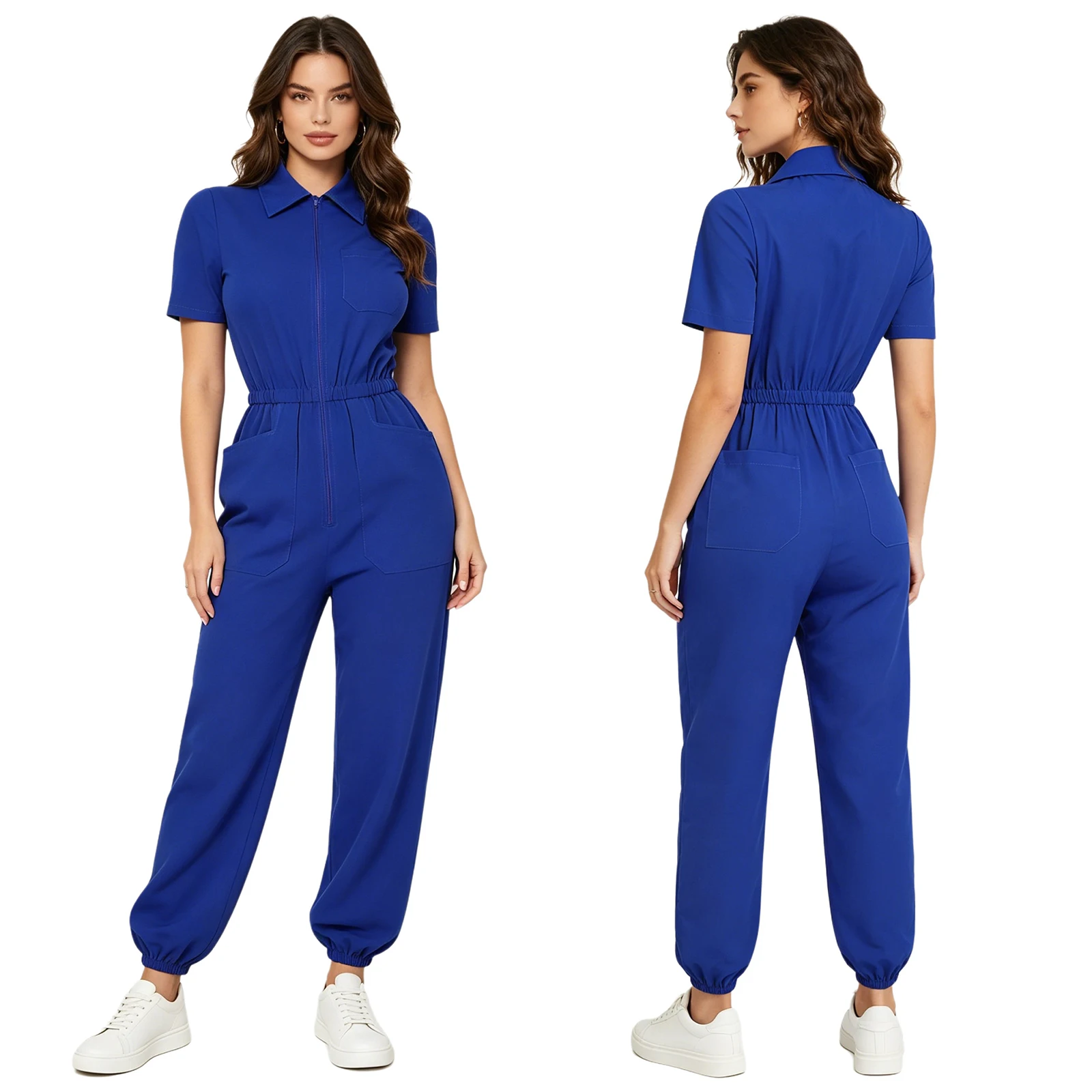 

Womens Scrubs Jumpsuit Coverall Medical Scrub Set with Pockets Front Zipper Elastic Waist Jogger Pants Nurse Doctor Workwear