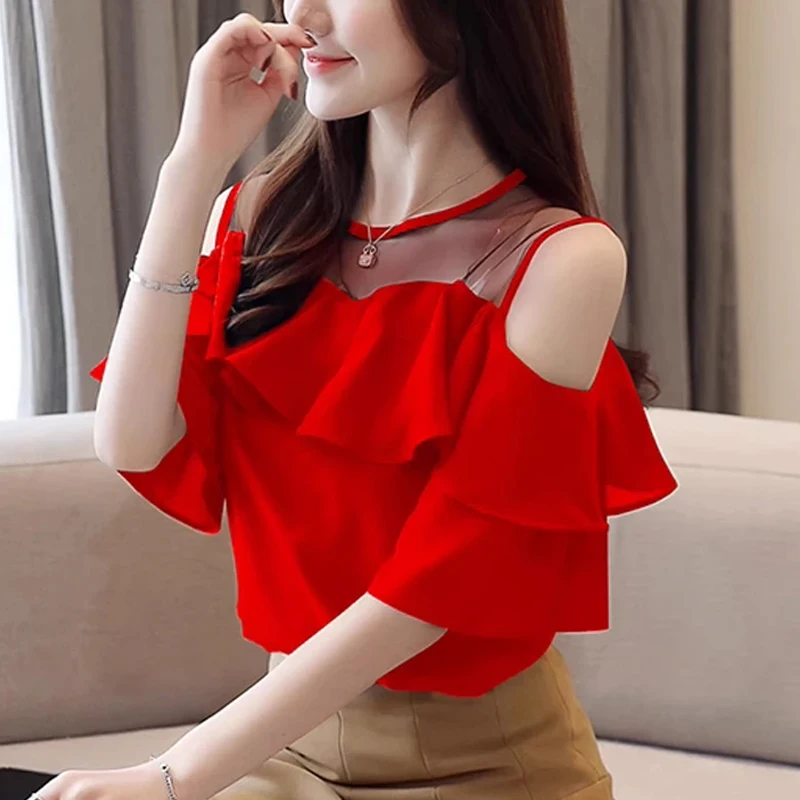 Elegant Summer Off Shoulder Women Blouses 2024 Office Lady Short Sleeve Shirts Fashion Casual Chiffon Woman Tops Clothes 4206