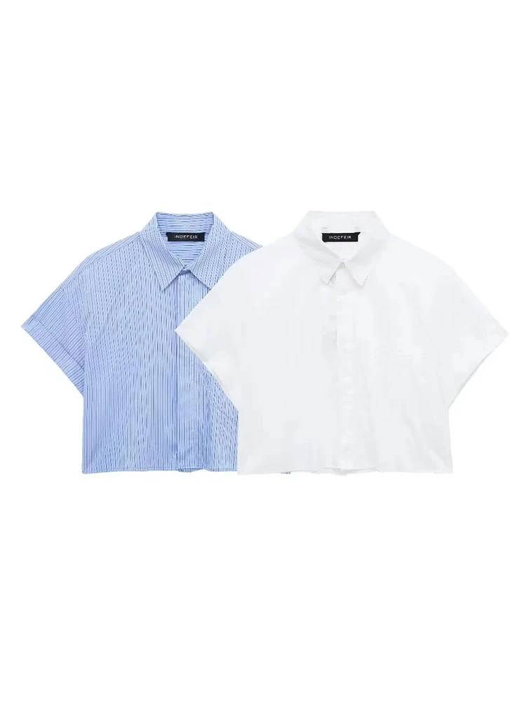 HH ملابس الصيف النسائية شيك الأزرق شريط التلبيب واحدة الصدر زر حتى المرأة قصيرة الأكمام قميص التنقل مكتب أعلى #1