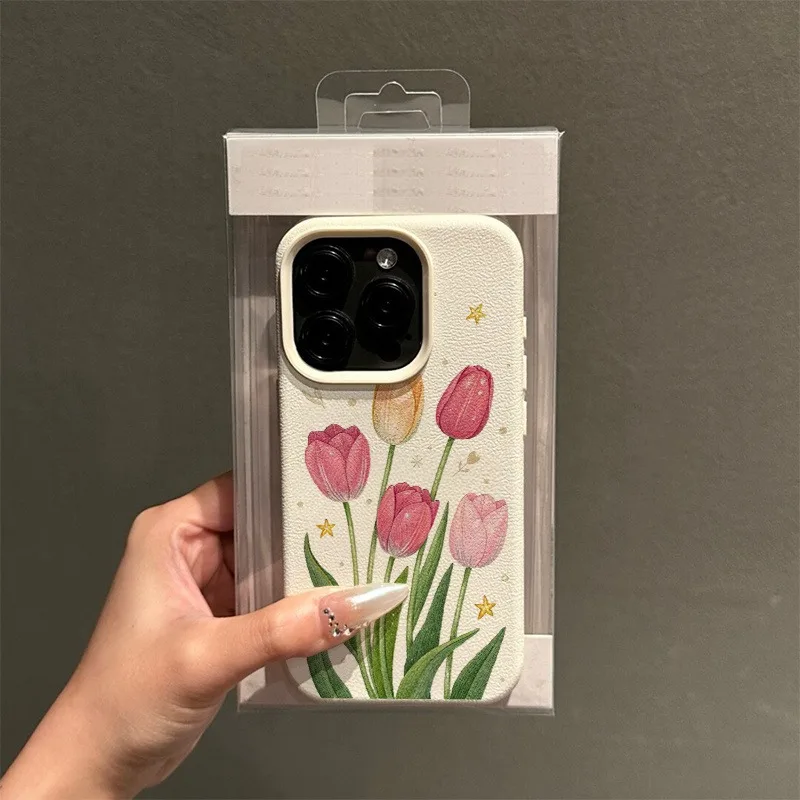 Pink Tulip Pattern Lychee Texture Phone Case for Redmi Note 15 14 13 12 11 10 Pro Plus 4G 5G Redmi 15C 14C 13C 12C 10C Cover