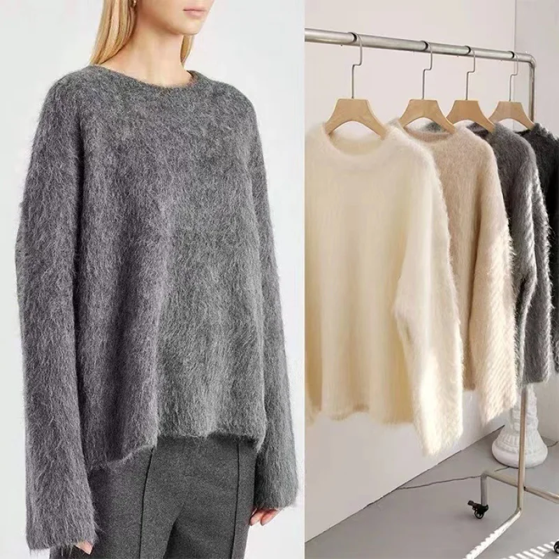 2024 Alpaca Plush round Neck Wool Thick Women\'s Loose and Idle Profile Sweater Wholesale