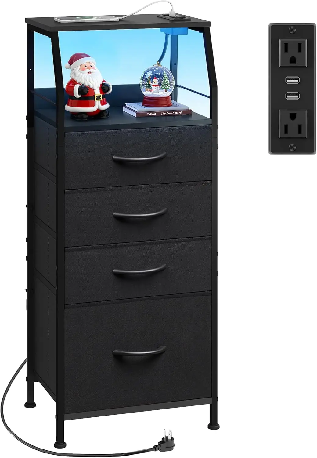 

Night Stand with Charger Station, LED Nightstand with 4 Fabric Drawers and Storage Shelf, Tall Dresser for Bedroom, 37.48' H