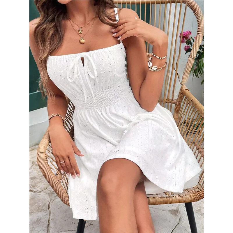 ASDS-Women's Sleeveless Ruched Bust Eyelet Embroidery Flared Cami-Dresses