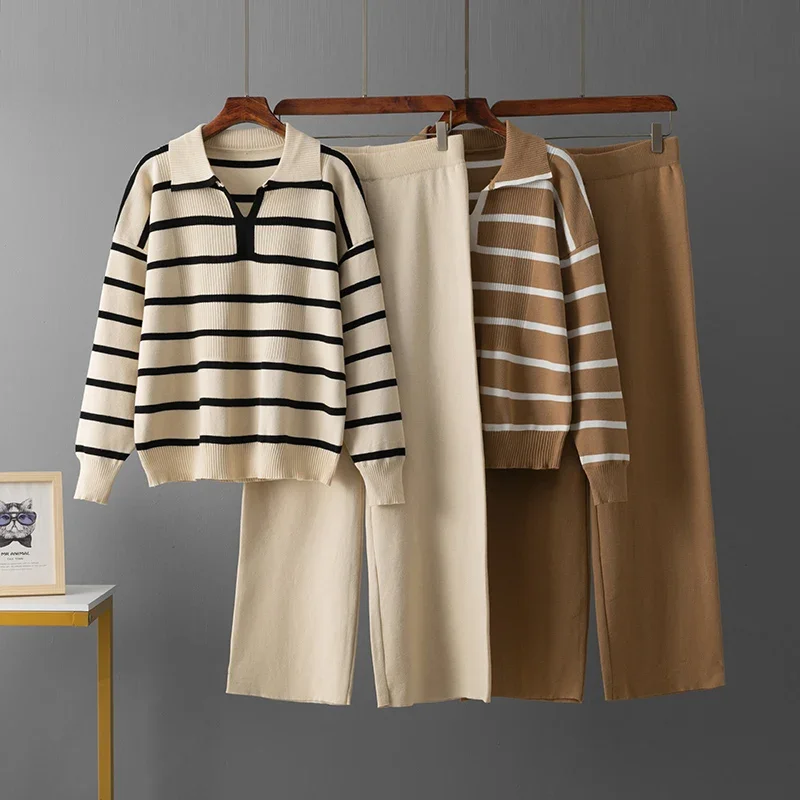 

Winter Women Knitted Suit Loose Knit Women's Pantsuit stripe Warm Long Sleeve Casual Soft Sweater Sets for Women 2 Pieces JJ351