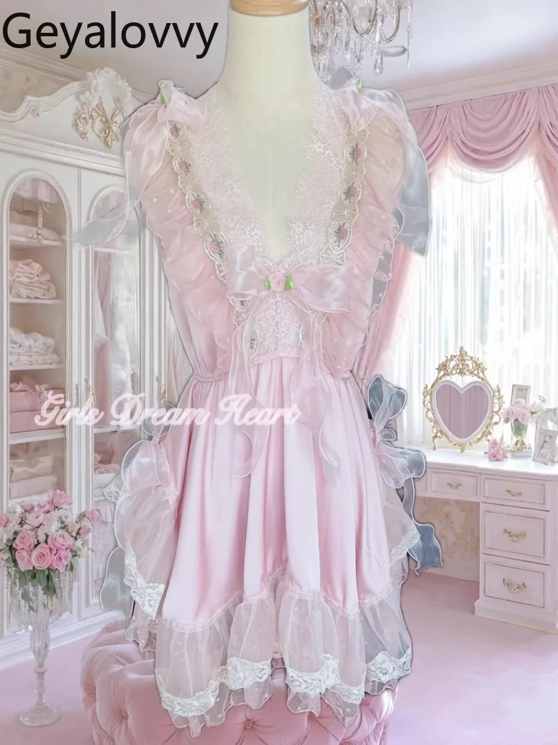 Feito à mão retro tribunal estilo bordado renda malha arco vestidos verão doce meninas cintura alta cetim com decote em v suspender vestido curto