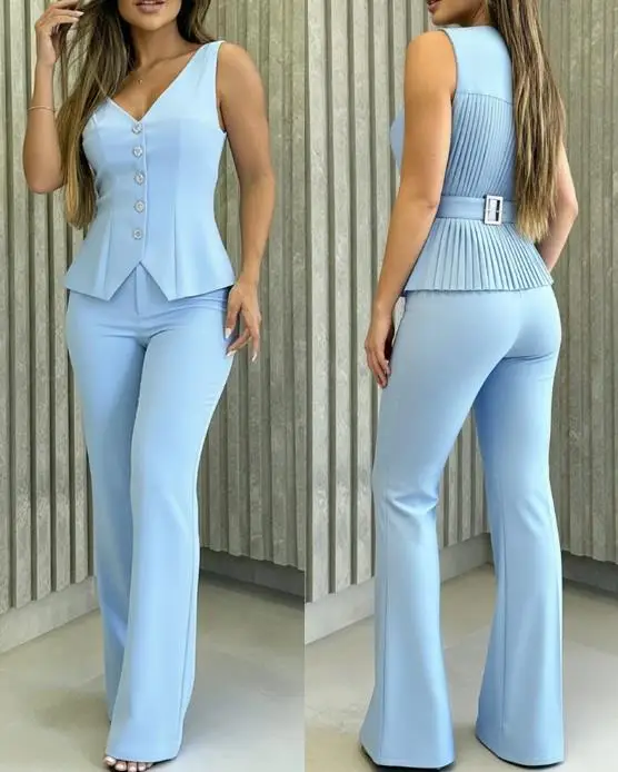 

Two Piece Set Women Outfit 2025 Spring New Plain Sleeveless V-Neck Button Details Pleated Back Tank & Casual Wide Leg Pants Set