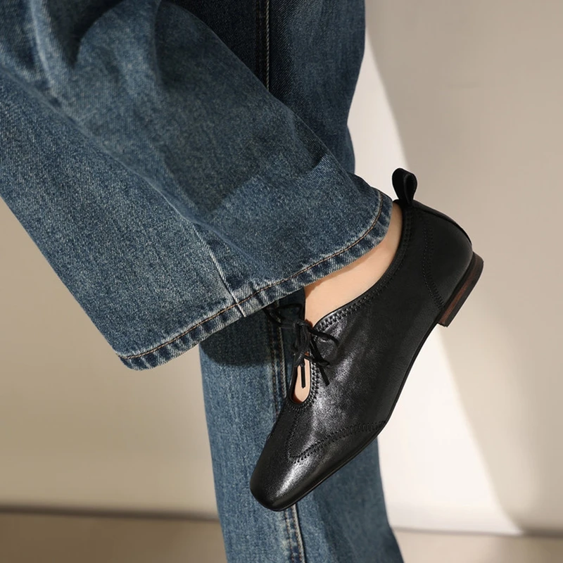 NEW Spring/Autumn Women Pumps Genuine Leather Shoes for Women Round Toe Low Heel Shoes Soft Sewing Lace-up Handmade Daily Shoes