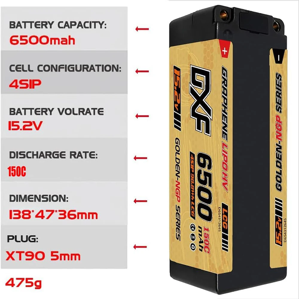 DXF 4S 6500mAh 15.2V 150C High Capacity Lipo Battery Hardcase XT90 EC5 5mm Bullet Plug for 1:8 Scale RC Car Multi-Roto Airplane