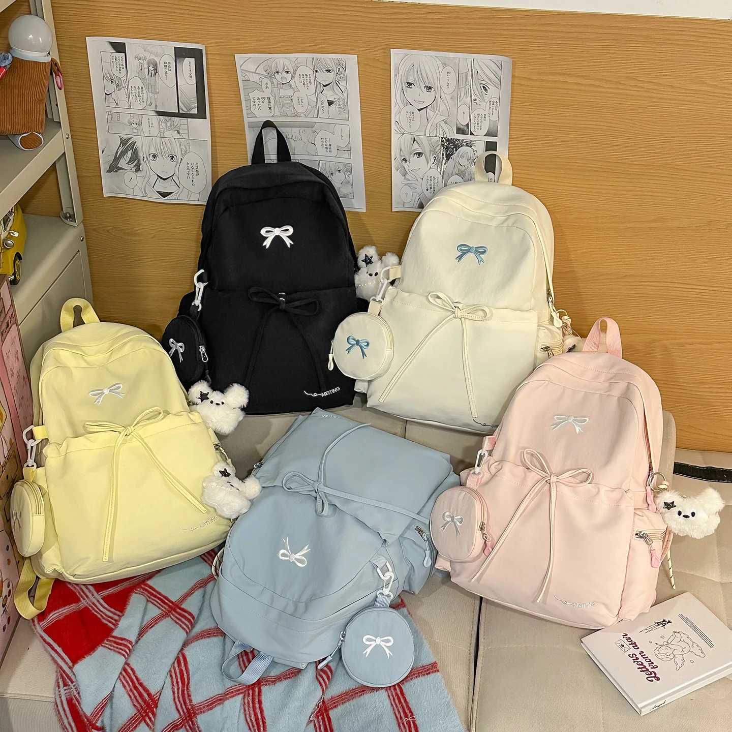 

Студенческая книга с милым бантом, кошелек для монет для девочек, кулон, рюкзак, большая вместимость, легкий нейлоновый дорожный рюкзак