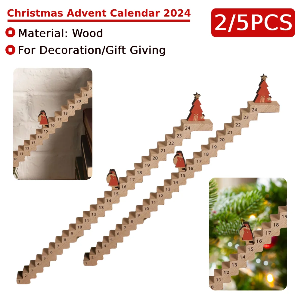 2/5PCS Christmas Advent Calendar Countdown 2024 Wooden Santa Claus Climbing Stairs Calendar for Decoration/Gift Giving