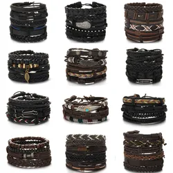 Trendy Braided Wrap Leather Bracelets Men Vintage Cross Dumbbell Guitar Charm Wood Beads Male Wristbands Jewelry Pulsera Hombre