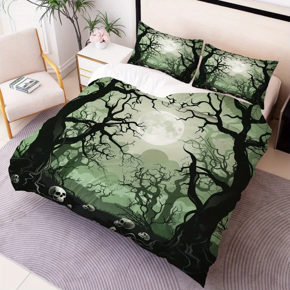 Set biancheria da letto di Halloween Teschio Nebbia Foresta Alberi appassiti Stampa Copripiumino accogliente King Queen Twin Size Regalo di compleanno Arredamento camera da letto