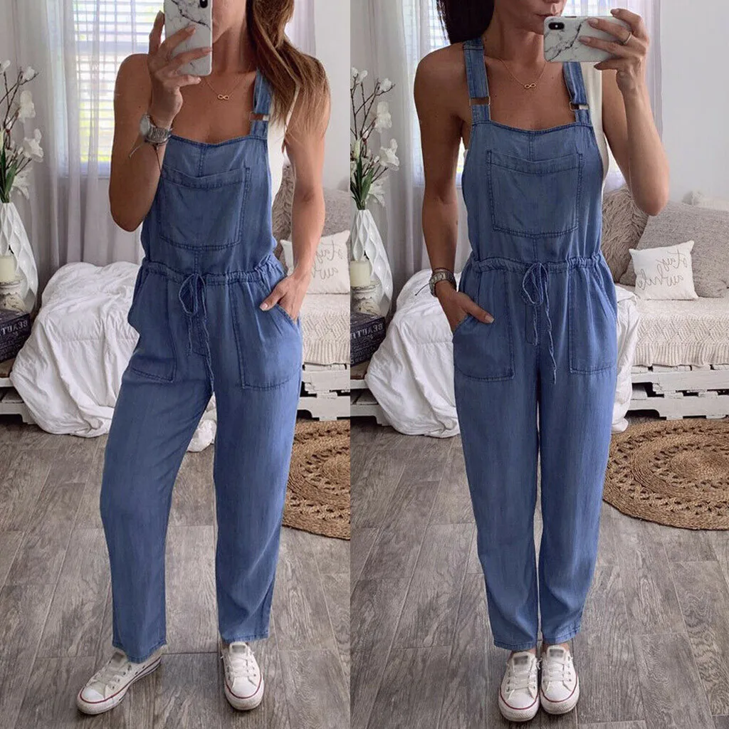 2024 Denim Jumpsuit Women Loose Vintage Style Overalls Female Belted Wide Elegant Leg Pant Popular Denim Straight Leg Romper