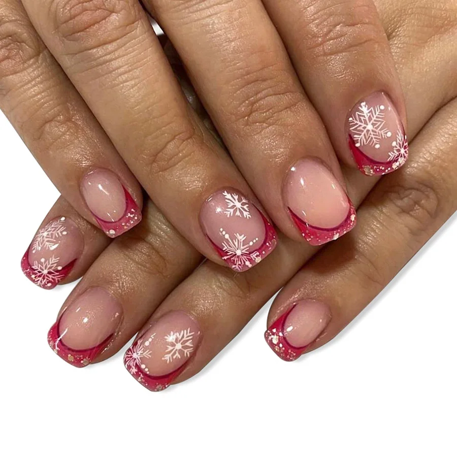 24 pçs sparking vermelho estilo francês imprensa em unhas para o natal branco floco de neve padrão unhas falsas curto redondo manicure artificial