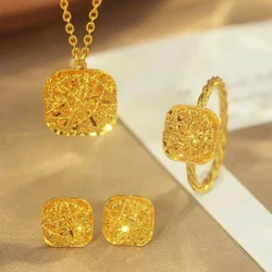 Brushed Small Square Sugar Ring Sparkling Rock Sugar Necklace Light Luxury Hollow Earring Gold Color Jewelry Set Women KOFSAC