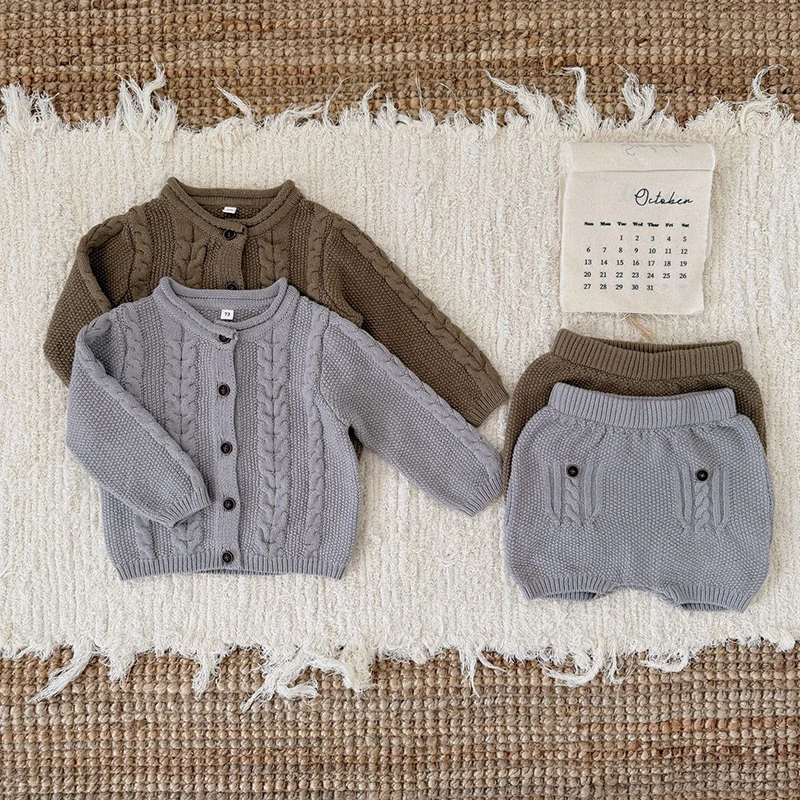 2026 ربيع جديد طفل رضيع الفتيان فتاة الملابس مجموعة طويلة الأكمام سترة مشغولة من الصوف سترة + السراويل 0-3Yrs الأطفال الملابس دعوى