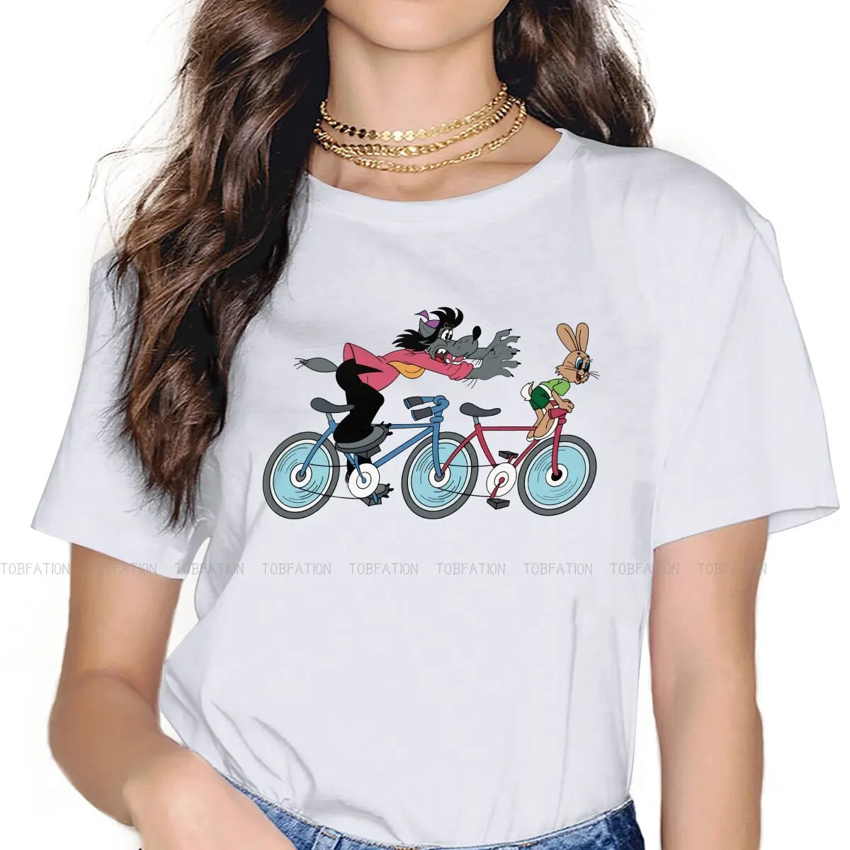 On a Bike Female Shirts Nu Pogodi Wolf Hare Russian Cartoon Vintage Women Tshirts Harajuku Casual Feminine Blusas