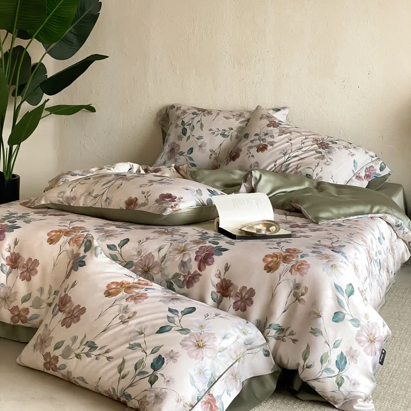 600TC Lyocell Luxury Bedding Set Elegant Floral Print Silky Cooling Duvet Cover Set with Pillowcases Queen King Size Bed Linen