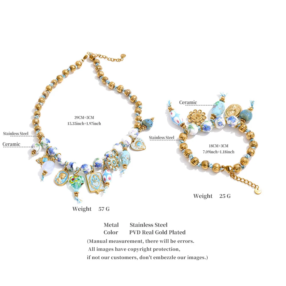 Women's Handmade Beads Chain Ceramic Heart Eye Drop Necklace Bracelet Set