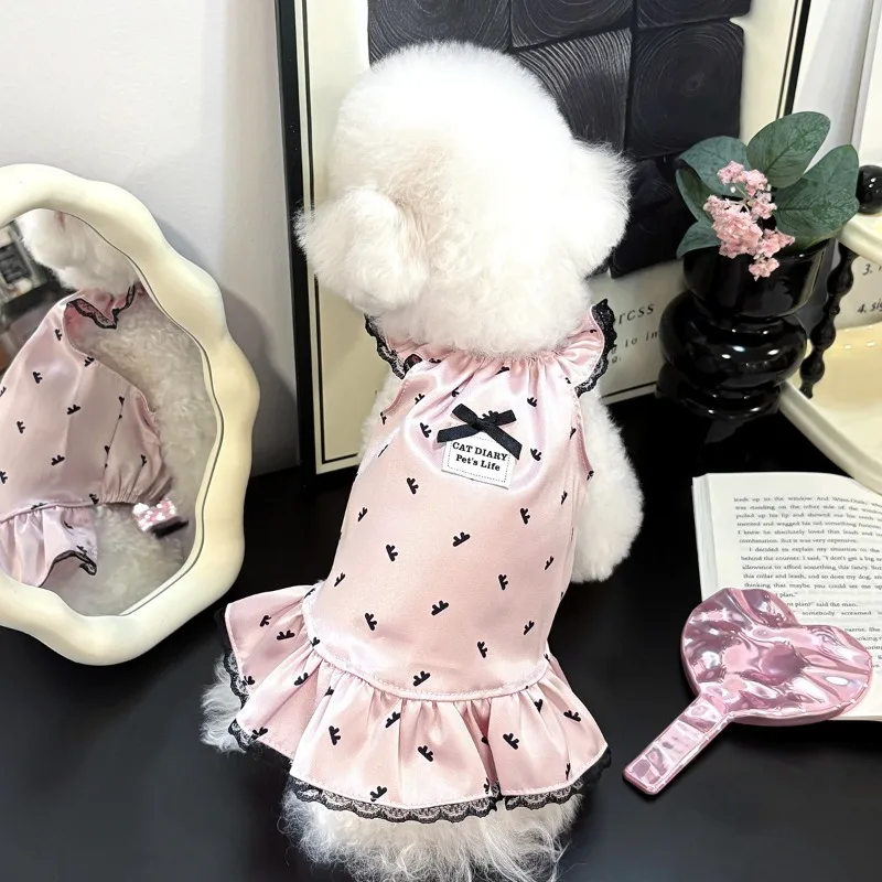 

Cute Summer Bow Pet Dresses Lace Soft Pajama For Dogs Jumpsuit Silk Homewear Pajamas For Small Dog Cat Dog Clothes Pets Clothing