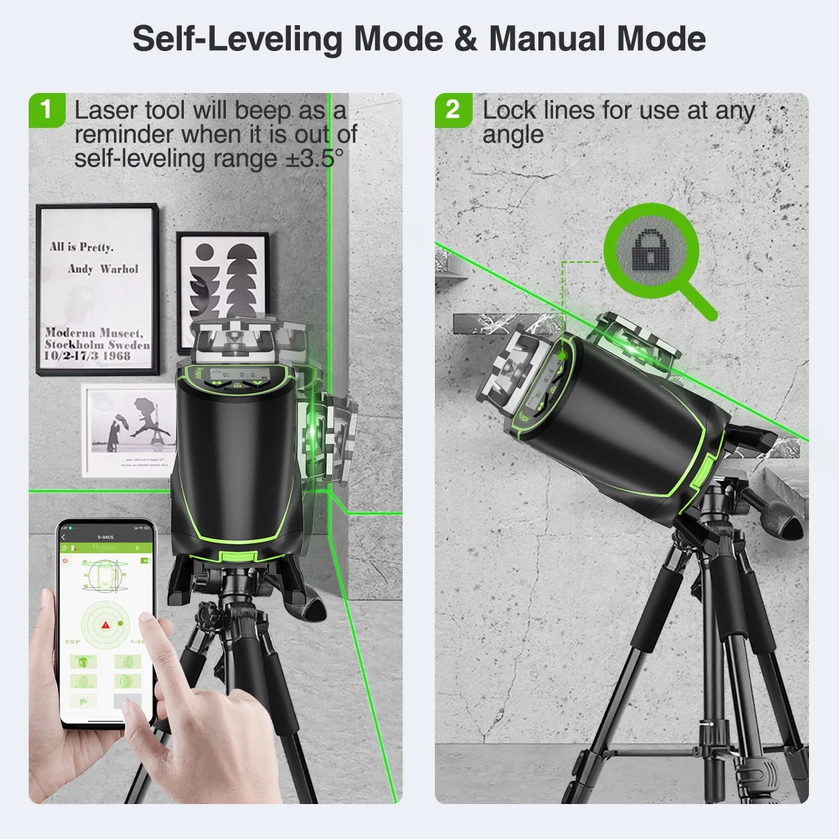 Laser Level Huepar S04CG-5RG 4D Green Cross Line 16, with Accessories and Hard Shell Tool Kit, Suitable for Construction Sites