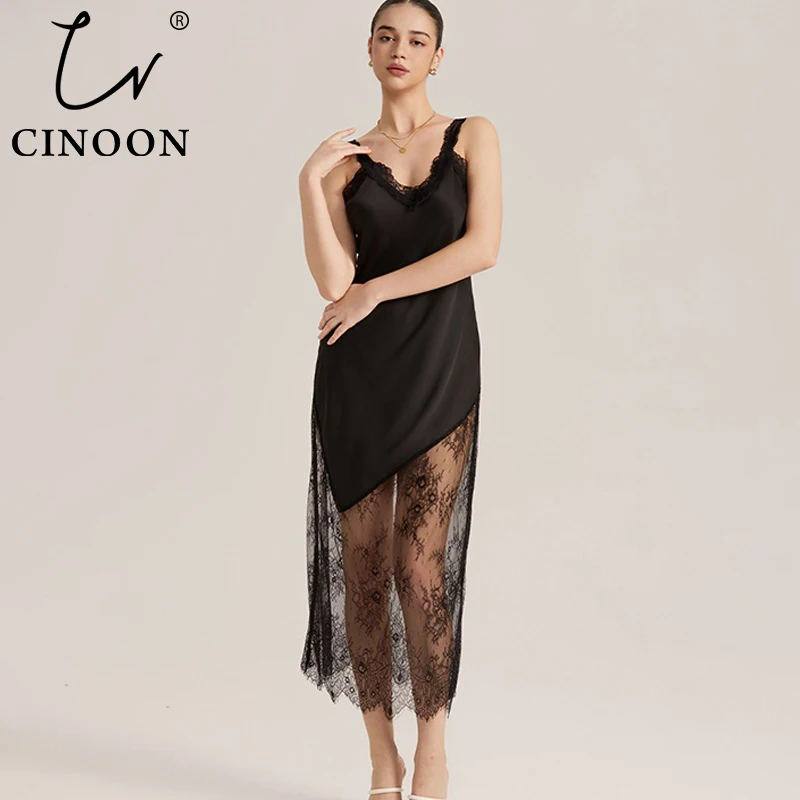 

CINOON женская атласная ночная рубашка с кружевными вставками, сексуальное элегантное французское прозрачное нижнее белье макси с v-образным вырезом, мягкое платье для сна