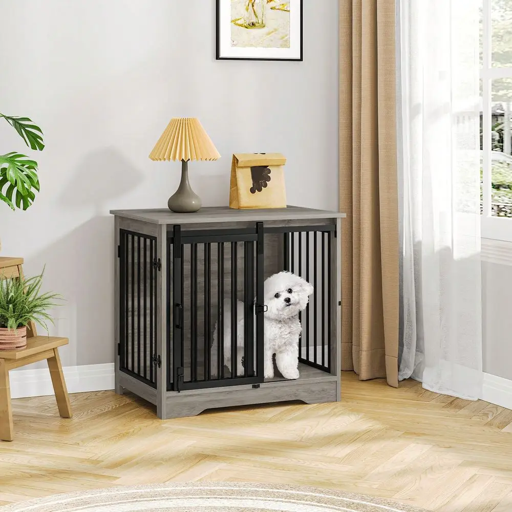 

27.2 Dog Crate Furniture With Barn Door, Heavy Duty Dog Kennel Indoor With 2 Doors, Wooden Pet Cage End Table For Small Medium