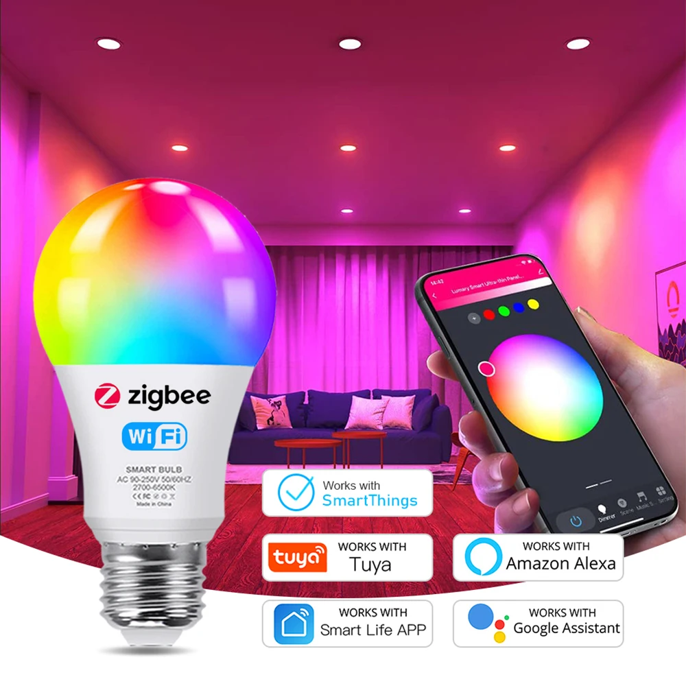 18W Zigbee 3.0 LED Light bulbs Tuya WiFi RGB+WW+CW E27 LED Lamp 110V 220V for Home works with Smart Life Alexa Google Assistant