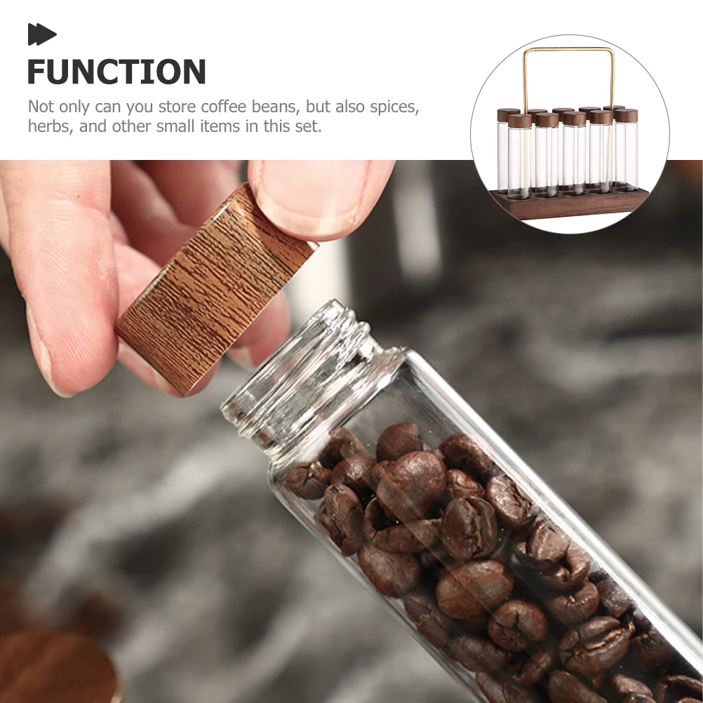 

1Set Coffee Bean Storage Tube Glass Container Sealed Airtight Jar Wooden Display Stand Space Saving Storage Solution