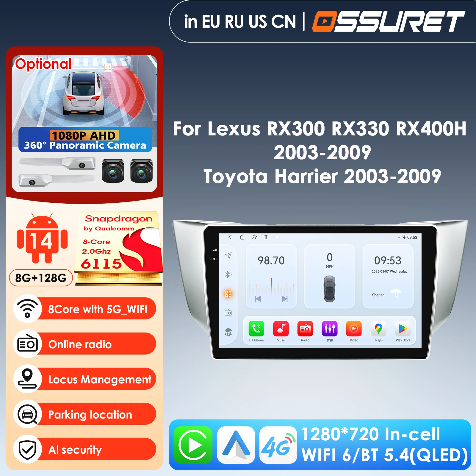 

4G Android 14 стерео автомобильное радио для Lexus RX300 RX330 RX400H Toyota Harrier мультимедийное видео GPS Navi Carplay головное устройство авторадио