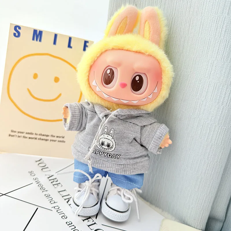 Labubu I II Dolls Clothes Cute Gray Hoodie Outfit with Hat Shoes Sitting Party Accessories Clothing Plush Doll'S Clothes