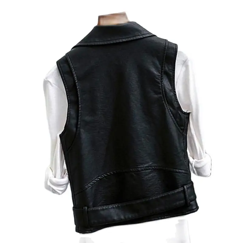 Black Sleeveless PU Women Leather Jackets Winter Tops Pu Belt Veste Motorcycle Outerwear Waistcoat Vest Rivet Vests Gilet Belt