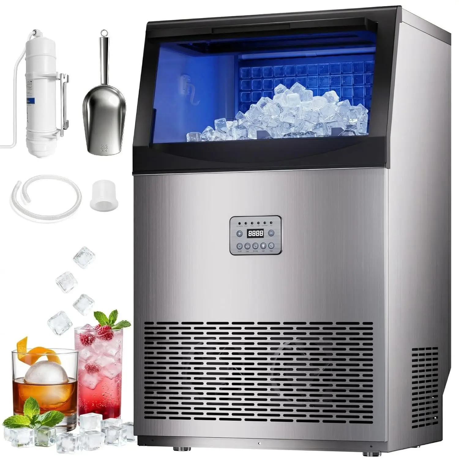 

Commercial Ice Maker, 110lbs/24H, 33lbs Storage Ice Maker Machine for Business, 50 Cubes in 7-14Mins, Under Counter Ice Maker, S