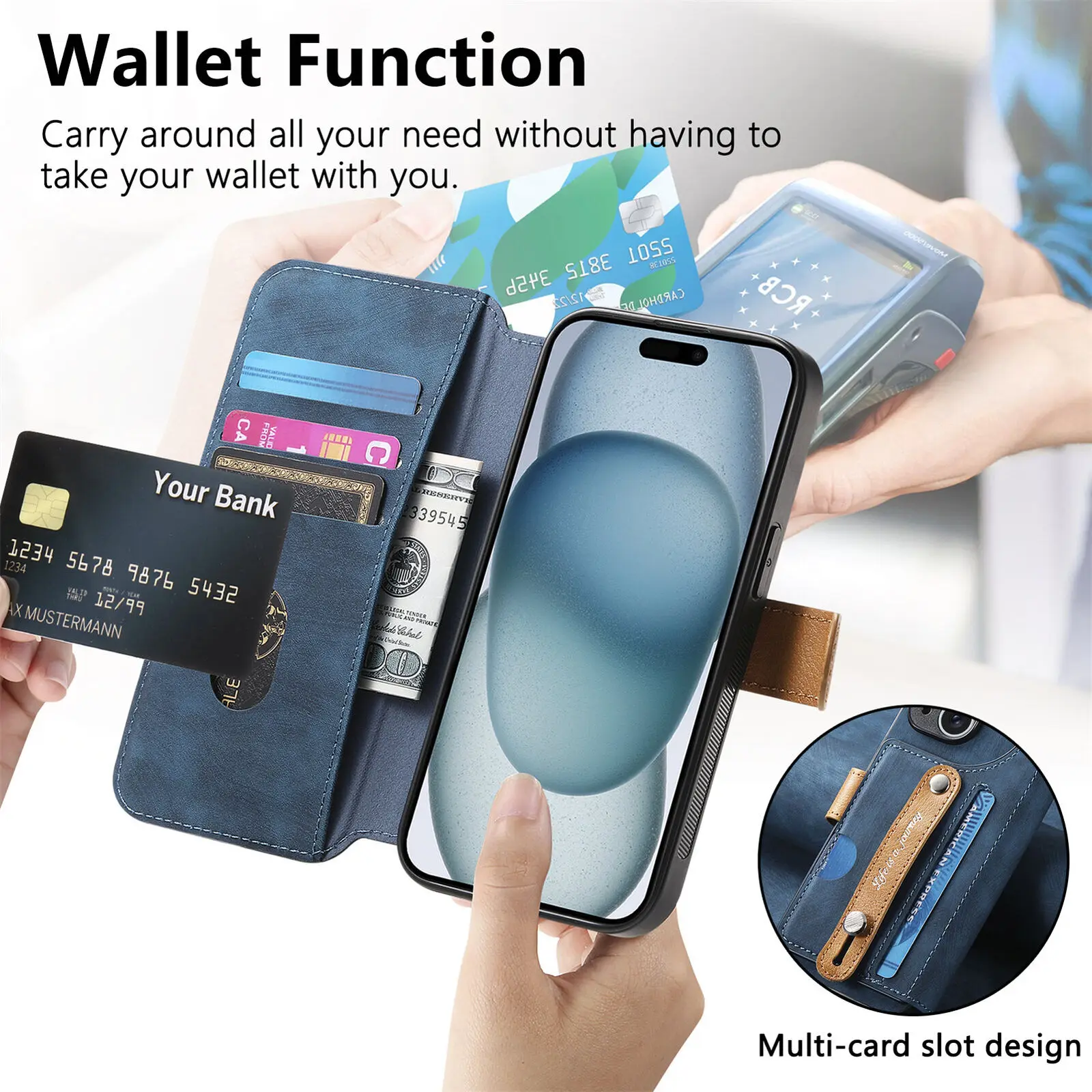 กระเป๋าสตางค์หนังสําหรับiPhone 16 15 14 Plus 13 12 11 Pro MaxสายKickstandช่องเสียบบัตรเครดิตกันกระแทกปกหลังShell