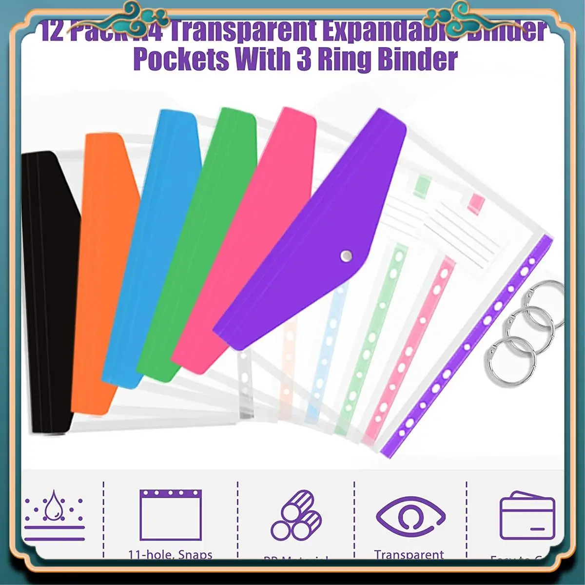 ABJG-12 Pcs A4 Binder Pocket Expandable Envelopes Clear Plastic Envelopes For Ring Binder Folder, Snap Button